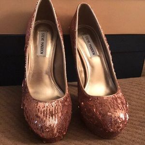 Sequin Rose Gold Platform Peep Toe Pump